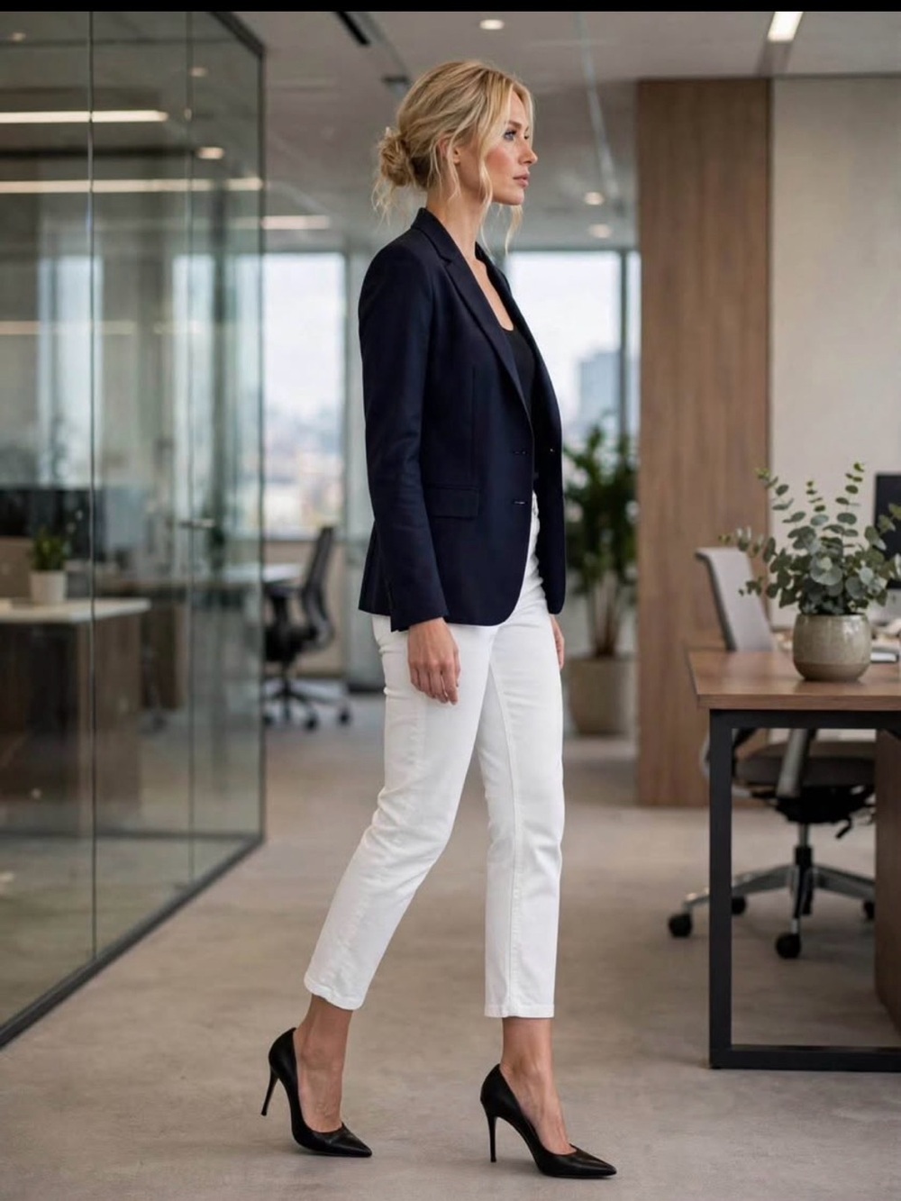Zara Navy Blazer & White Cropped Pants Ensemble